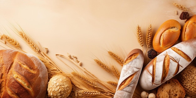 Food banner with natural breads Fresh loafs of bread with ears of rye and wheat on a beige background with copy space Crunchy french baguettes slices of bread and a bun