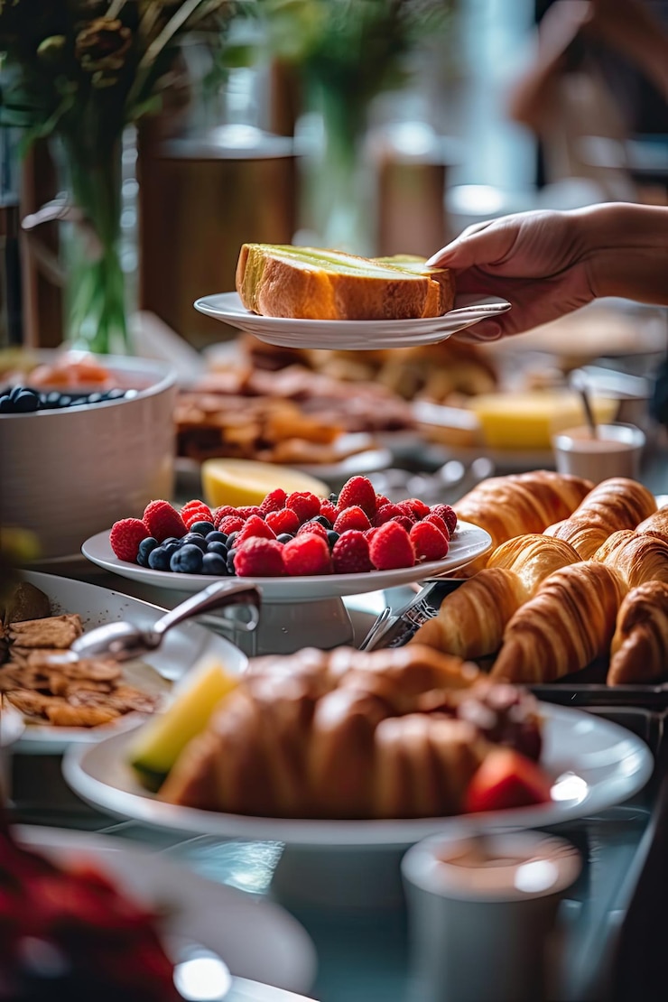 food being served at a buffet table with fruit and pastries in the fores on plates to be eaten