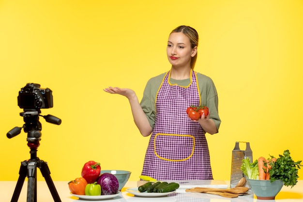 Food blogger adorable healthy chef recording video for social media with vegetables