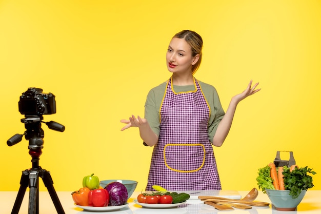 Food blogger simpatico chef sano che registra video per i social media che spiega ai follower