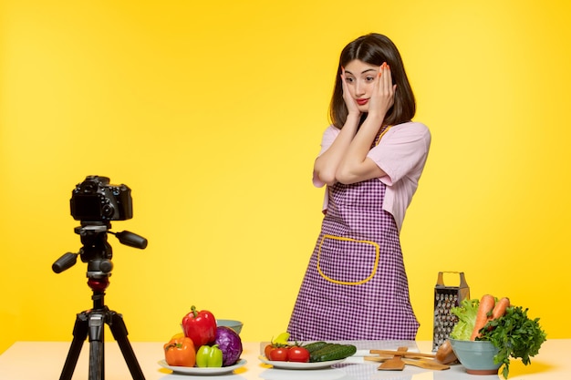 Food blogger cute lovely chef in pink apron recording video for social media holding head shocked