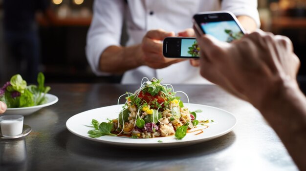 Foto un food blogger che fotografa un piatto splendidamente placcato