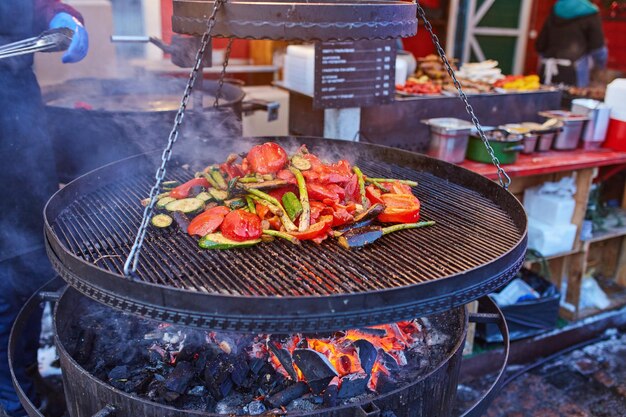 Food booth selling traditional Polish street food at Christmas market