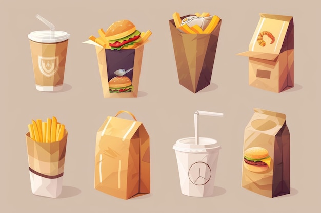 Photo food boxes carton bags and cups with disposable takeaway packages for fast food cafe meals like sushi rolls pizzas and fries coffees and drinks these are modern illustrations with cartoon