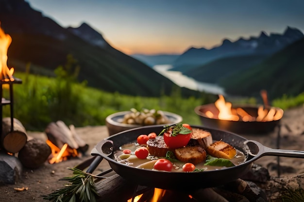 背景に山が見えるキャンプの火の上で食べ物を食べる