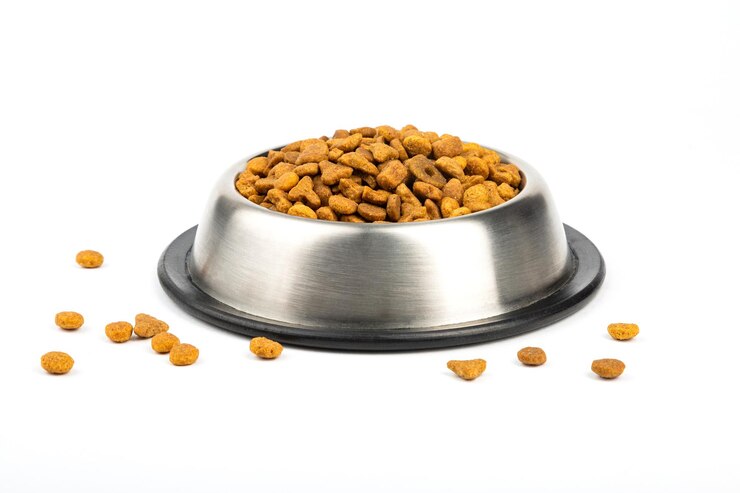 Food for cats and dogs in a metal bowl is isolated on a white background.	