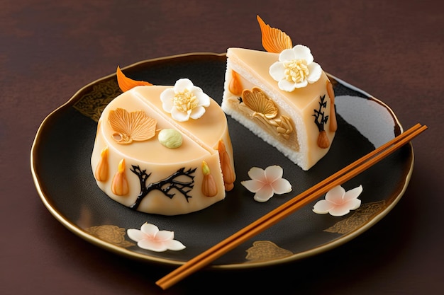 Photo food chinese dessert shu cake with beautiful decoration on plate created with generative ai