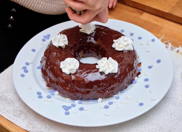 食べ物;ホイップクリーム入りチョコレートケーキ