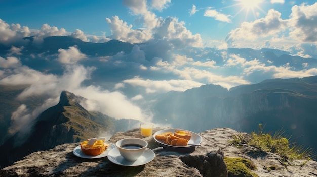 Food and coffee on rock at mountain top amazing breakfast with stunning landscape view Concept of travel hike nature background resort