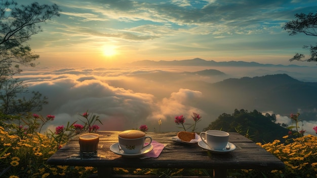 Food and coffee on wooden table at mountain at sunrise or sunset amazing breakfast with stunning landscape view Concept of travel hike sun nature restaurant resort