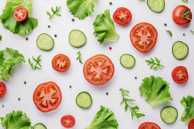 Food concept creatief tomaten komkommer salade lay-out op wit