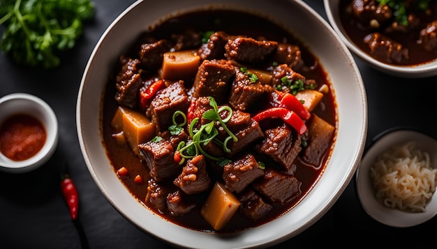 Food concept Korean spicy Beef stew on black background