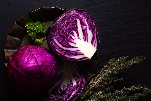 Food concept  organic cabbage on black slate board