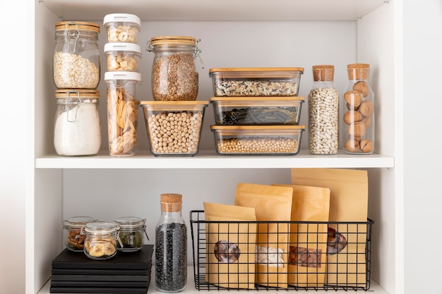 Food containers and books arrangement