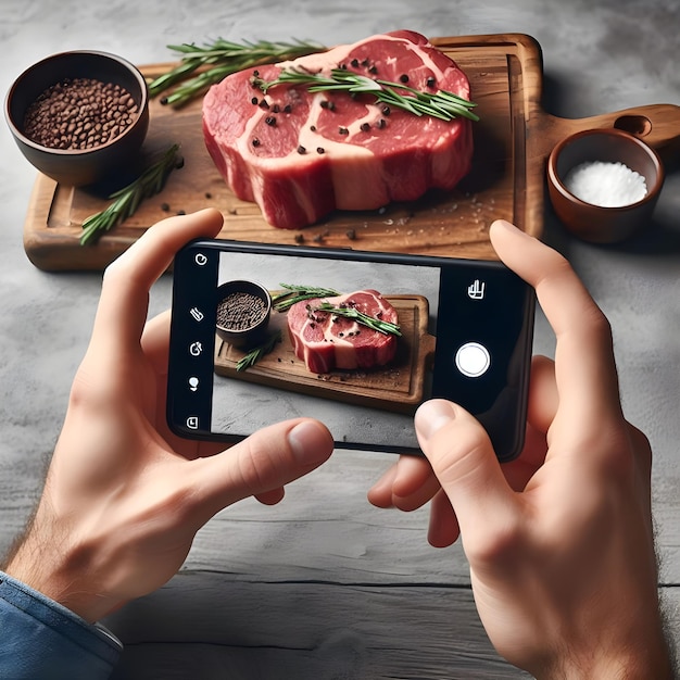 Фото Создатель пищевого контента фотографирует приготовленный стейк на деревянной доске с помощью смартфона.