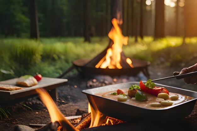 Food cooking on a campfire with a fire in the background.
