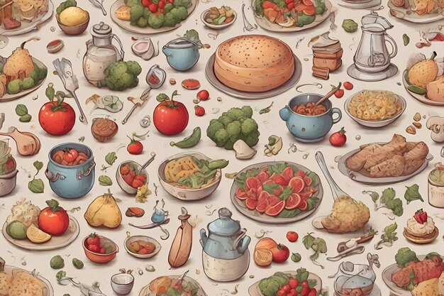 Food and Cooking Seamless Pattern Doodles