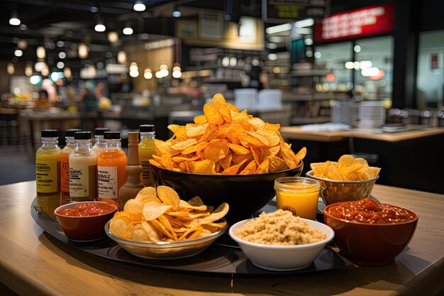 Food Court Listling with Shops Enjoying Quick Satisfying Fries Amid Retail Therapy generative IA