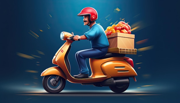 food delivery boy driving scooter with box with food