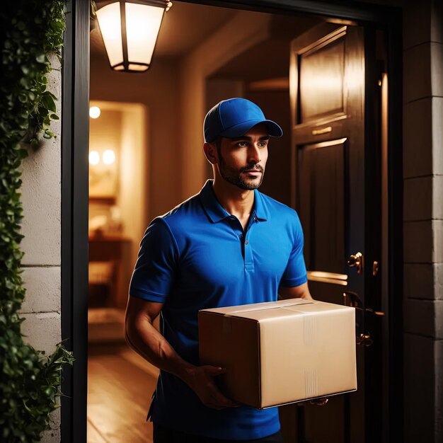Foto l'uomo che consegna il cibo consegna la spesa in una scatola in piedi alla porta.