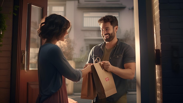 A food delivery courier handing over a bag of food