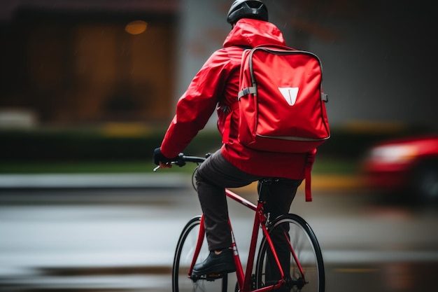 Курьер по доставке еды мчится на велосипеде на велосипеде по городским улицам в красной униформе с заказом