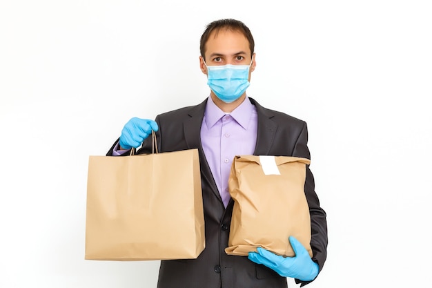 food delivery man Wearing Medical Mask. Corona Virus Concept