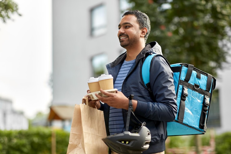 Photo food delivery man with bag and takeaway coffee