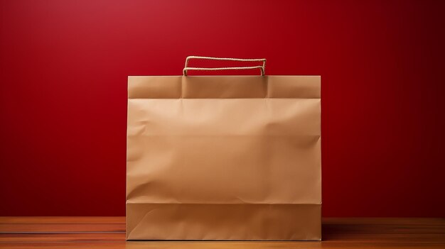 Photo food delivery paper empty bag on the wooden table with red background