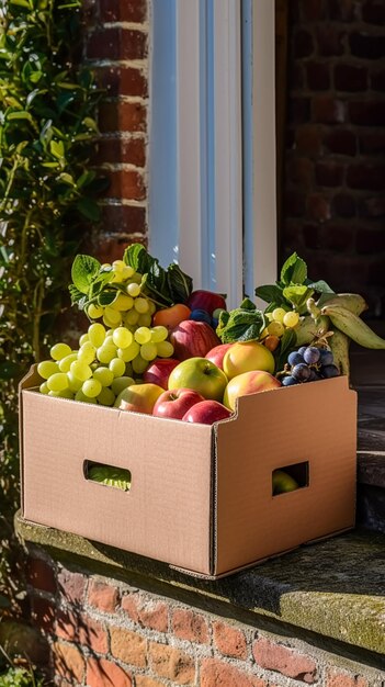 Food delivery postal service and online grocery shopping fruit box with fresh organic fruits from a local farm on a house doorstep in the countryside postprocessed generative ai