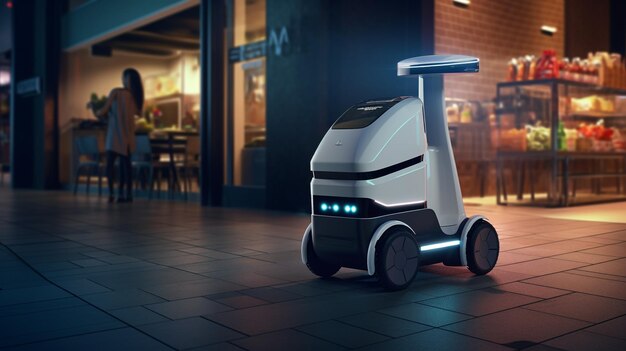 Photo food delivery robot is driving delivers to the front of the house quickly 24 hour night