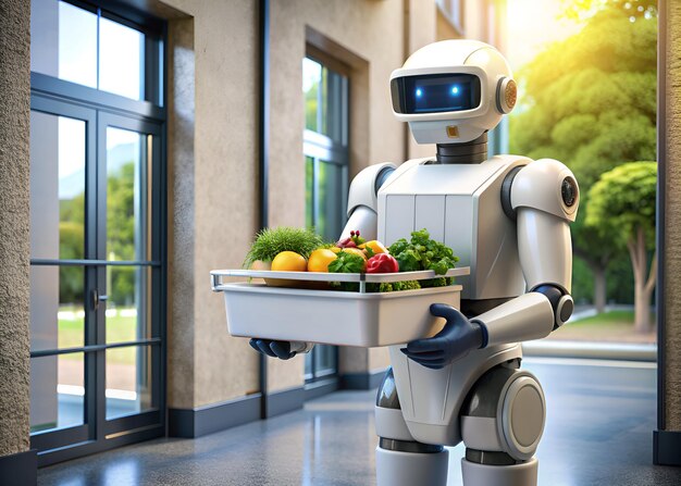 Food delivery robot Robot holding a box of fresh food 3d rendering