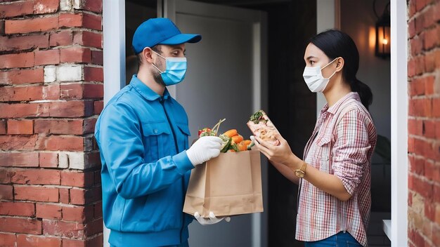 Food delivery service man in blue uniform wearing protection face mask holding fresh food set bag t