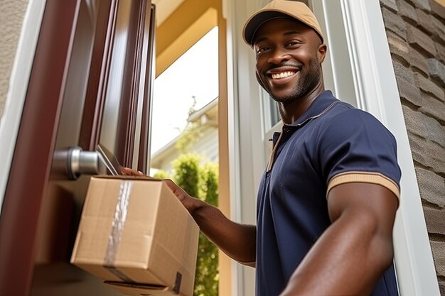 Food delivery Smiley African American young man delivers food He gives a box to the customer