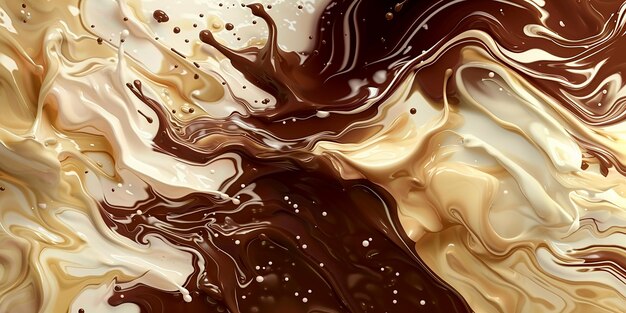 Food dessert background banner of streams of cream and liquid chocolate mixing