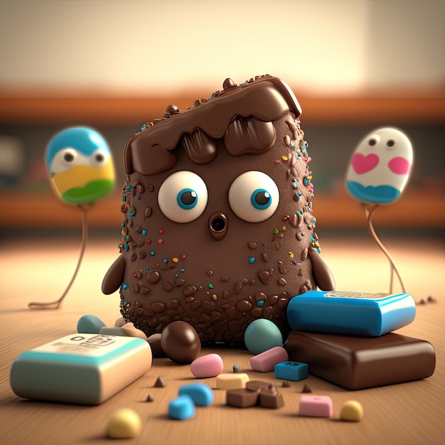 Photo food dessert cute chocolate character ai generated illustration funny kawaii emoticon lovely happy chocolate candy laughing emoji with bubble gums amusing kids candy tasty snack mascot