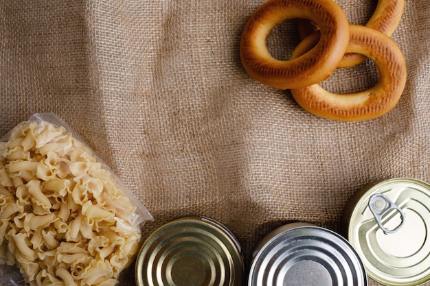 Food donations in box in kitchen background, copy space