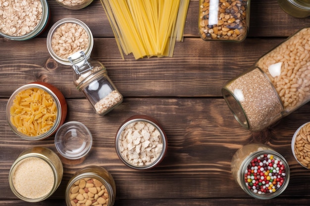 Foto donazioni di cibo su fondo in legno vista dall'alto con spazio di copia