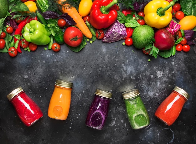 Food and drink background Colorful vegan vegetable juices and smoothies set in bottles on gray....