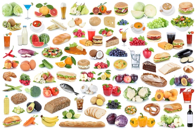 Food and drink collection collage healthy eating fruits vegetables fruit drinks isolated