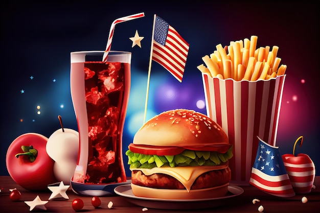 Food and drinks on american independence day party Generative Ai