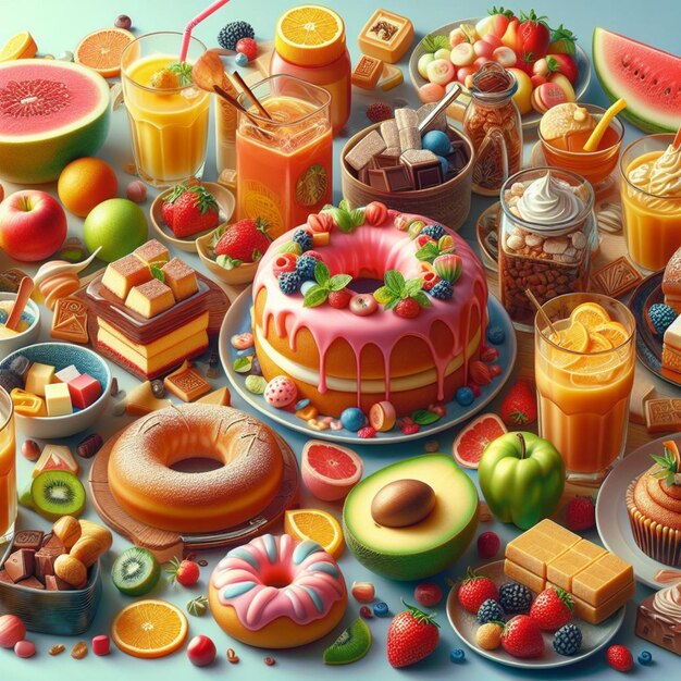 Food drinks fruits vegetables desserts treats and beverages illustrations