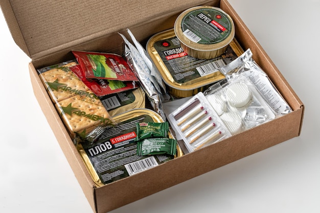 Food dry ration in craft box for Russian military army Top view