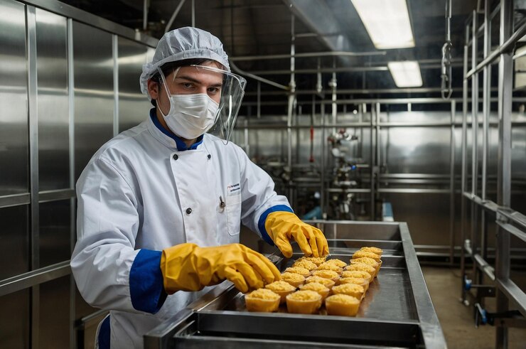 Photo 防護制服を着た食品工場の労働者