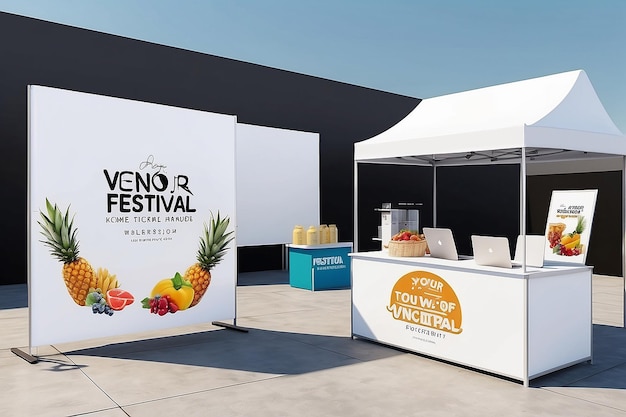 Photo food festival vendor booth signage mockup with blank white empty space for placing your design