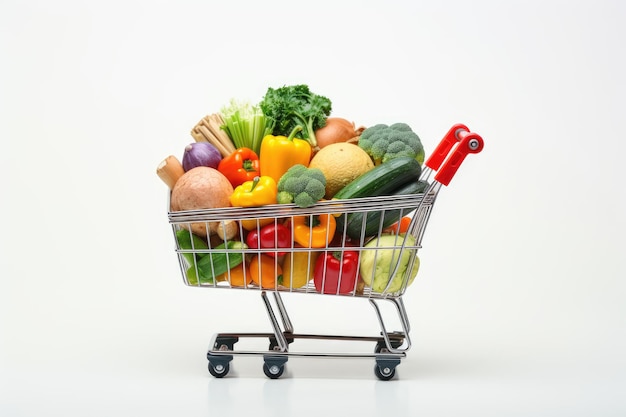 Food filled shopping cart alone white background overhead perspective horizontal setup