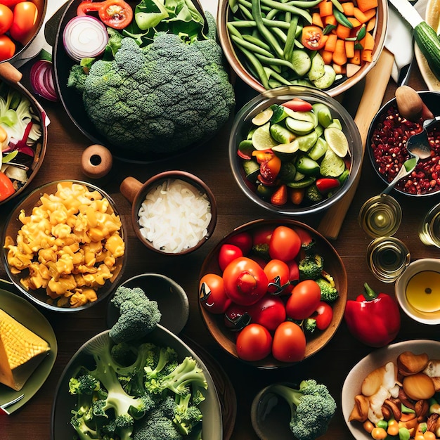 Food and fresh vegetables and salad bowls on kitchen table on top view Healthy eating concept