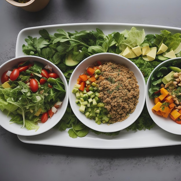 위쪽의 주방 테이블에 있는 음식과 신선한 채소와 러드 그 건강한 식사 개념