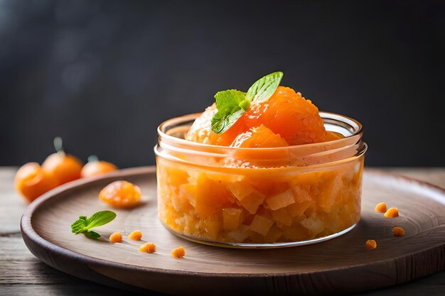 Food in a glass bowl with a green leaf on the top