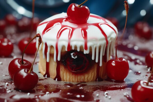 Foto grafico alimentare di deliziosa torta al cioccolato con glassa di ciliegie e fragole